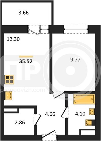 Миниатюра 1-комнатная квартира, 35.52кв.м