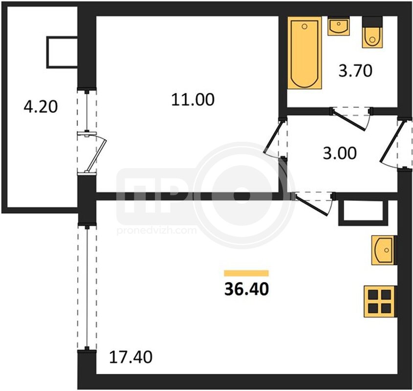 1-комнатная квартира, 36.4кв.м