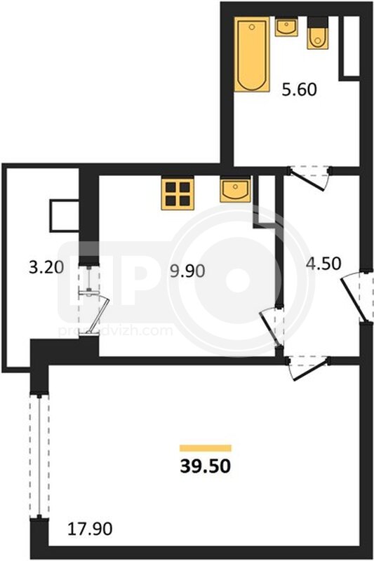 1-комнатная квартира, 39.5кв.м