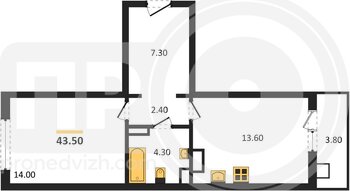 Миниатюра 1-комнатная квартира, 43.5кв.м