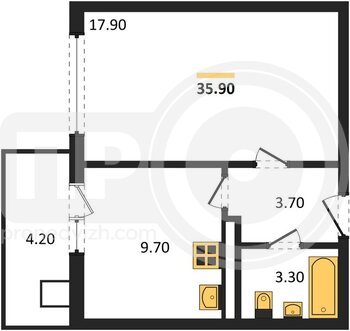 Миниатюра 1-комнатная квартира, 35.9кв.м