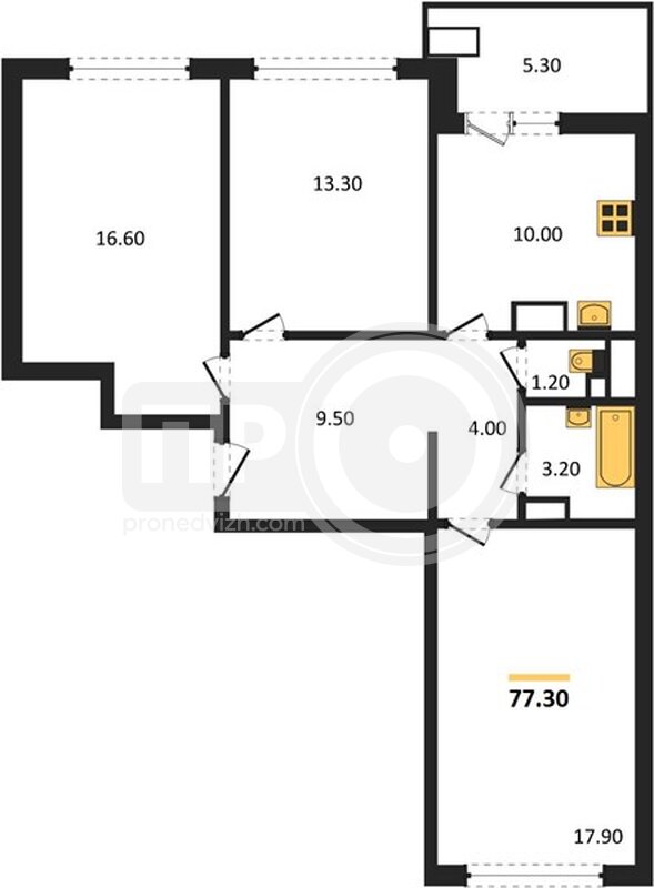 3-комнатная квартира, 77.3кв.м