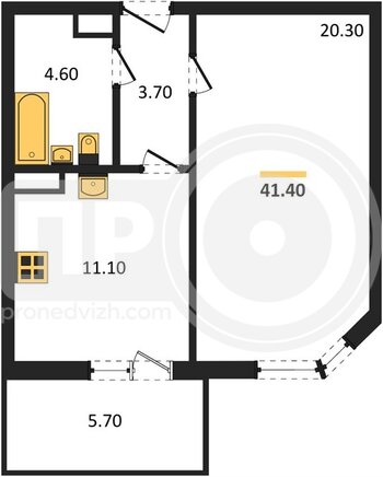 Миниатюра 1-комнатная квартира, 41.4кв.м