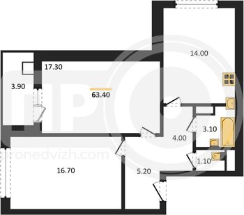 Миниатюра 2-комнатная квартира, 63.4кв.м