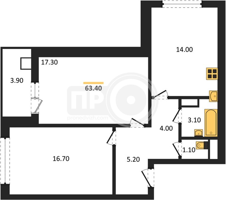 2-комнатная квартира, 63.4кв.м