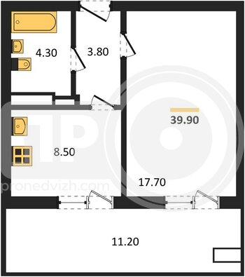 Миниатюра 1-комнатная квартира, 39.9кв.м