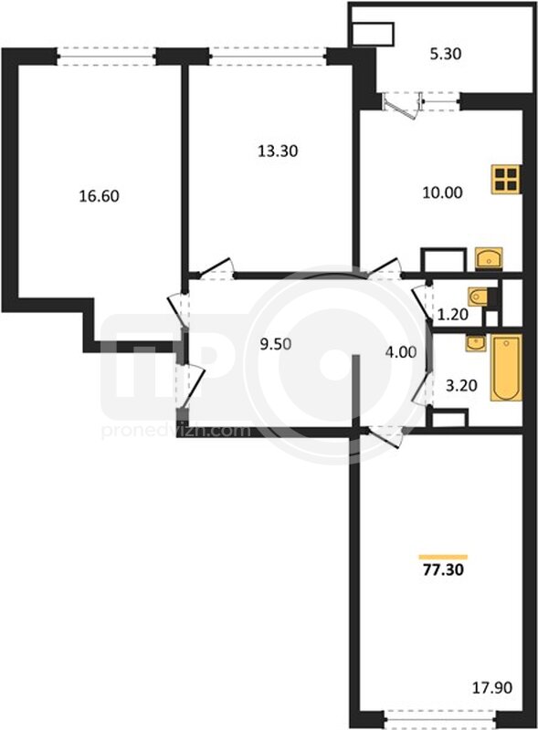 3-комнатная квартира, 77.3кв.м