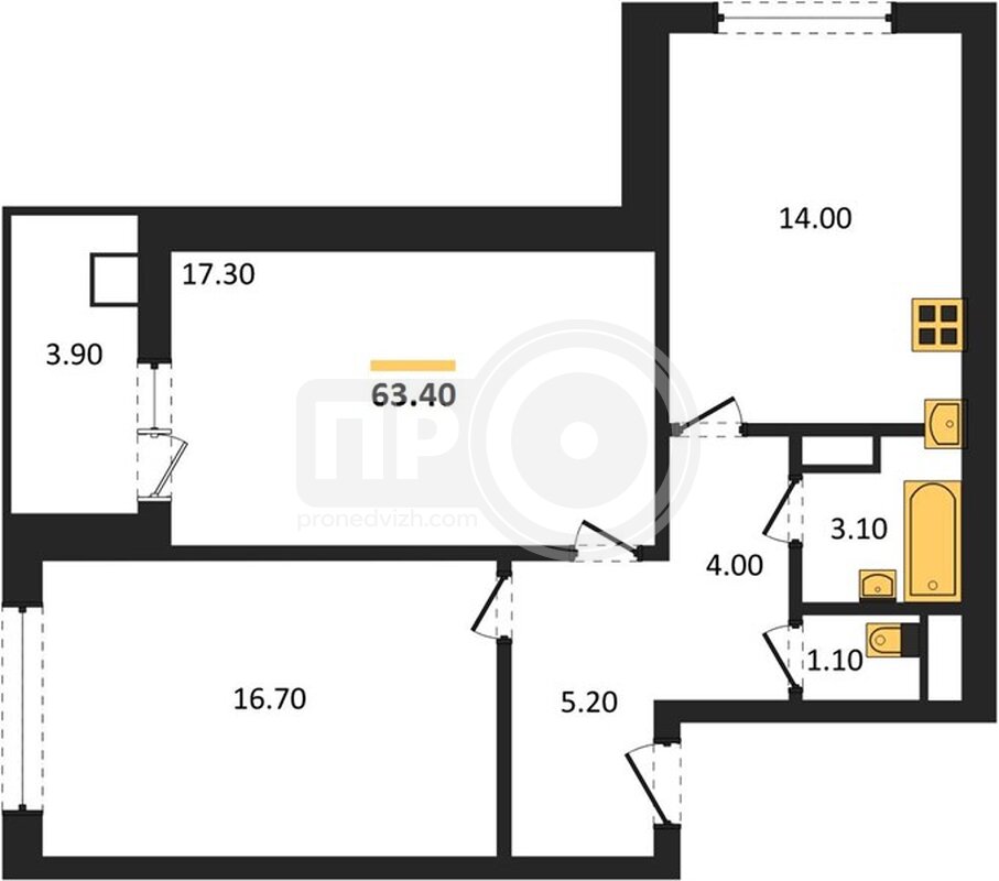 2-комнатная квартира, 63.4кв.м