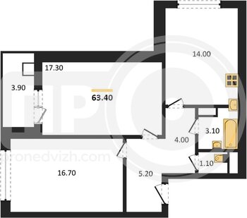 Миниатюра 2-комнатная квартира, 63.4кв.м