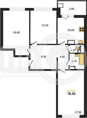 Миниатюра 3-комнатная квартира, 78.2кв.м