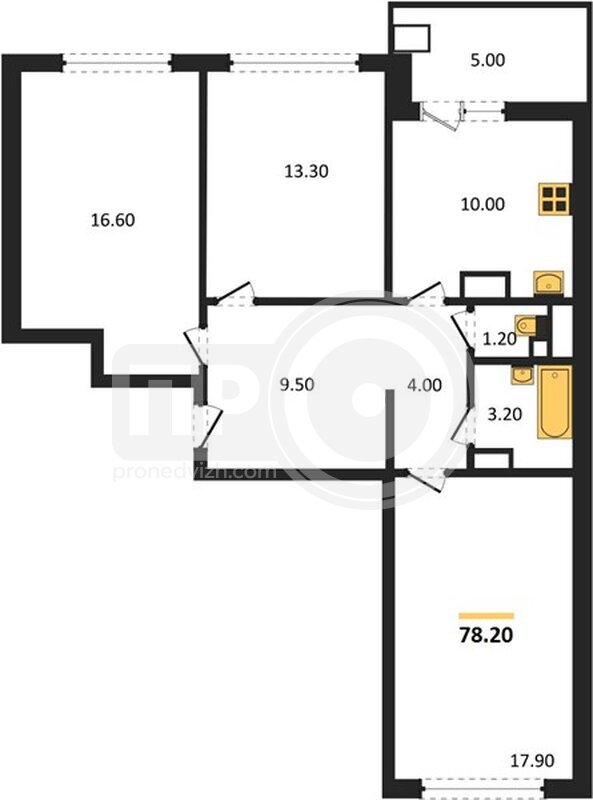 3-комнатная квартира, 78.2кв.м