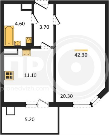 Миниатюра 1-комнатная квартира, 42.3кв.м