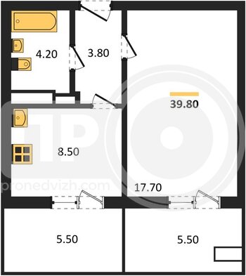 Миниатюра 1-комнатная квартира, 39.8кв.м