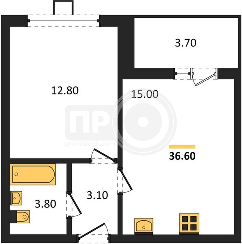 1-комнатная квартира, 36.6кв.м