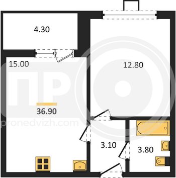Миниатюра 1-комнатная квартира, 36.9кв.м