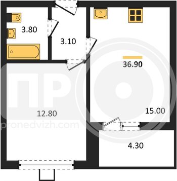Миниатюра 1-комнатная квартира, 36.9кв.м