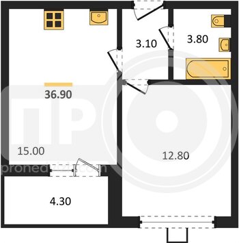 Миниатюра 1-комнатная квартира, 36.9кв.м