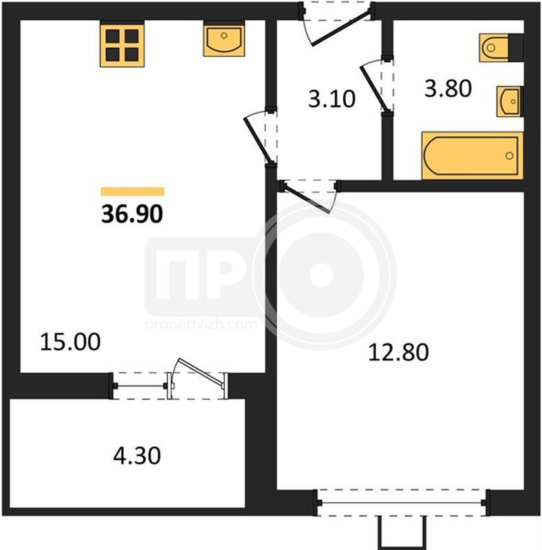 1-комнатная квартира, 36.9кв.м
