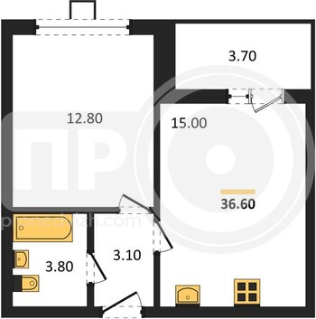 Миниатюра 1-комнатная квартира, 36.6кв.м