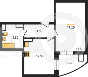 Миниатюра 1-комнатная квартира, 43.1кв.м