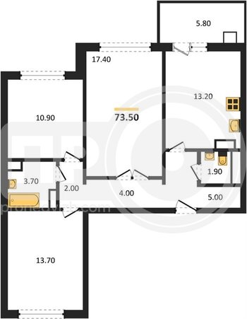 Миниатюра 3-комнатная квартира, 73.5кв.м