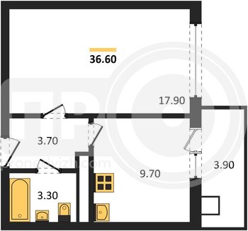 Миниатюра 1-комнатная квартира, 36.6кв.м