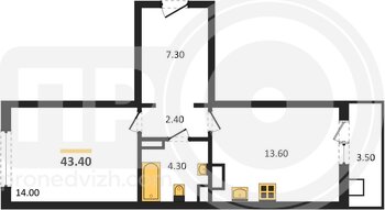 Миниатюра 1-комнатная квартира, 43.4кв.м