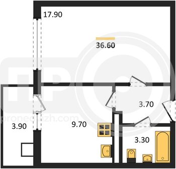 Миниатюра 1-комнатная квартира, 36.6кв.м