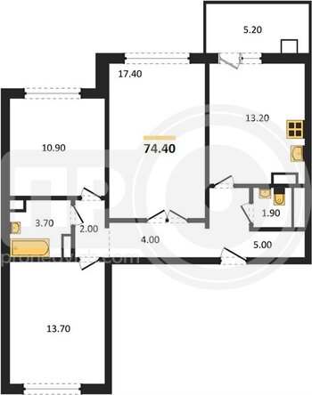 Миниатюра 3-комнатная квартира, 74.4кв.м