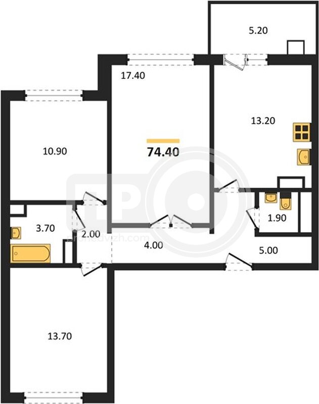3-комнатная квартира, 74.4кв.м