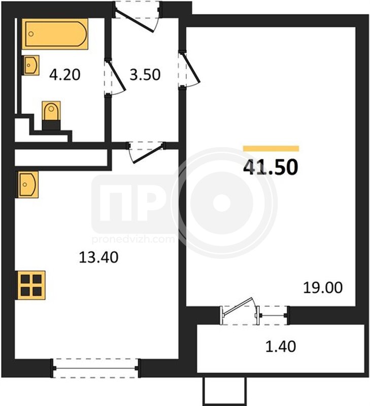 1-комнатная квартира, 41.5кв.м