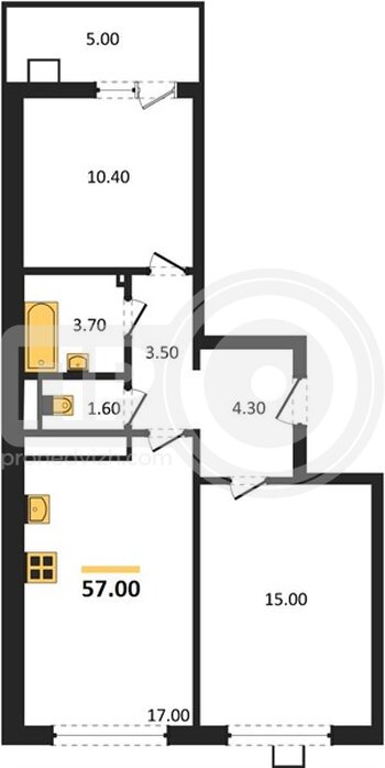 Миниатюра 2-комнатная квартира, 57кв.м
