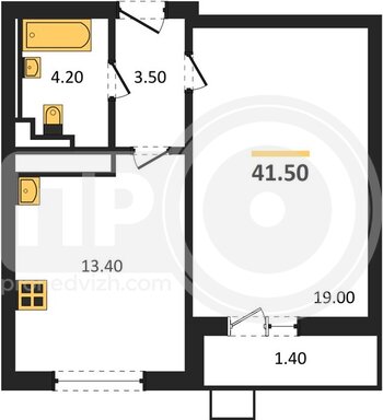 Миниатюра 1-комнатная квартира, 41.5кв.м
