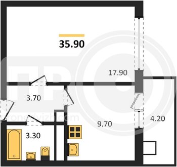 Миниатюра 1-комнатная квартира, 35.9кв.м