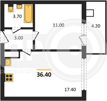 Миниатюра 1-комнатная квартира, 36.4кв.м