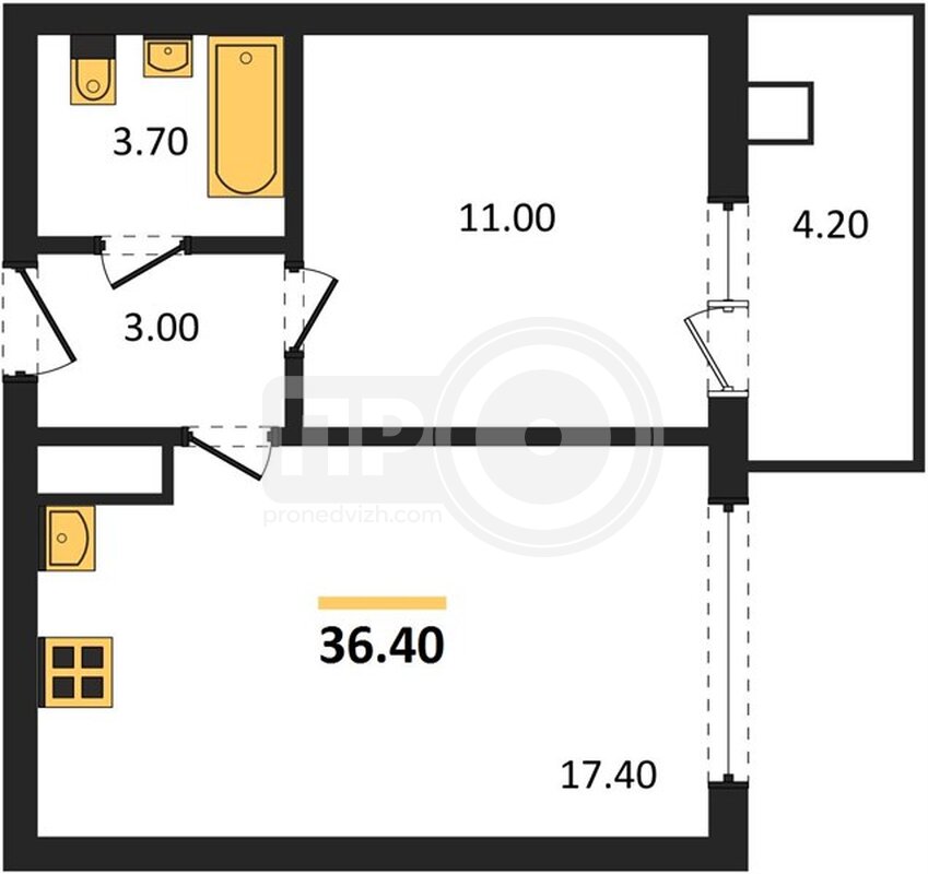 1-комнатная квартира, 36.4кв.м