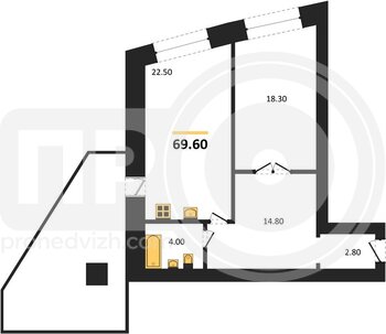 Миниатюра 1-комнатная квартира, 62.4кв.м