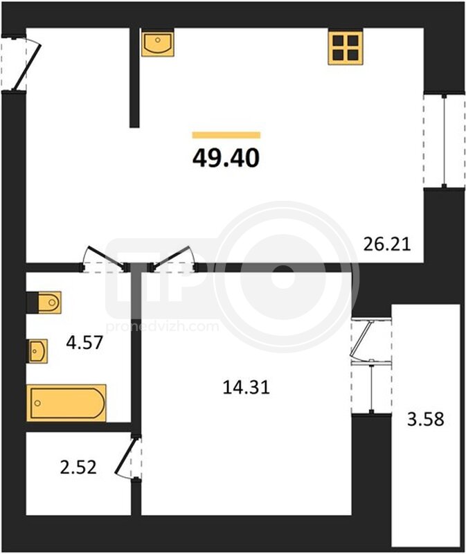 1-комнатная квартира, 49.4кв.м