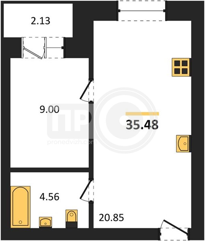 1-комнатная квартира, 35.48кв.м