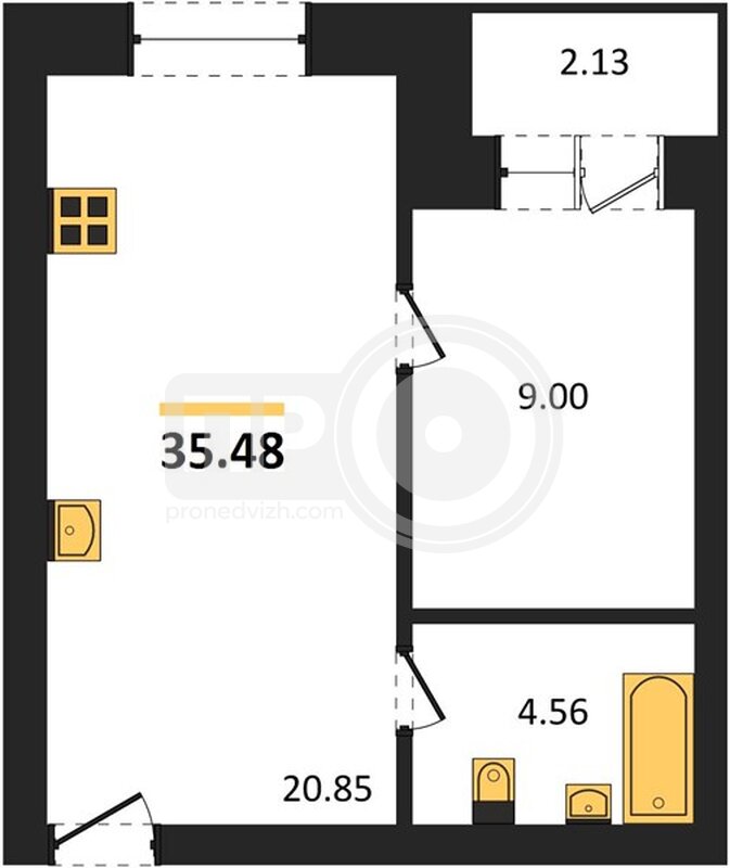 1-комнатная квартира, 35.48кв.м