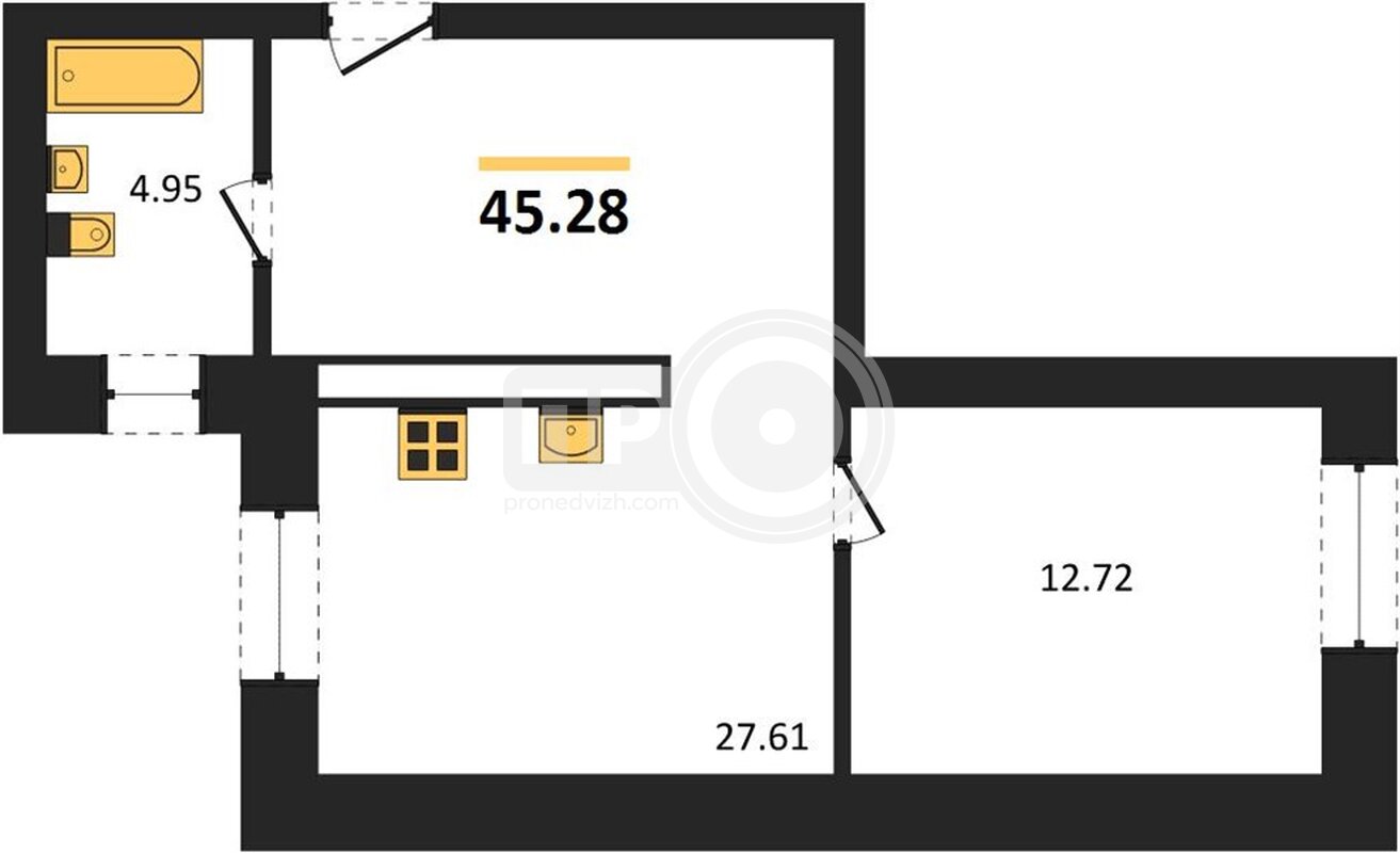 1-комнатная квартира, 45.28кв.м