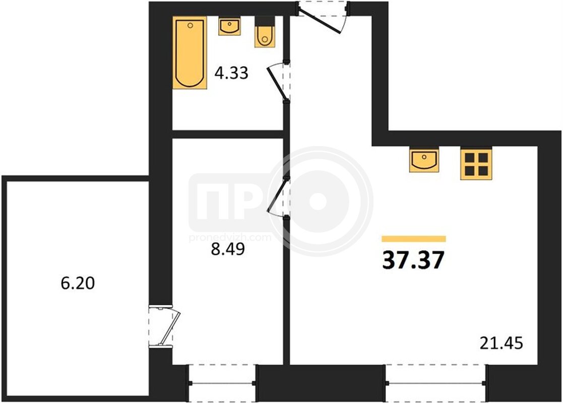 1-комнатная квартира, 37.37кв.м