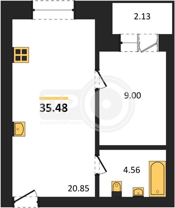 1-комнатная квартира, 35.48кв.м