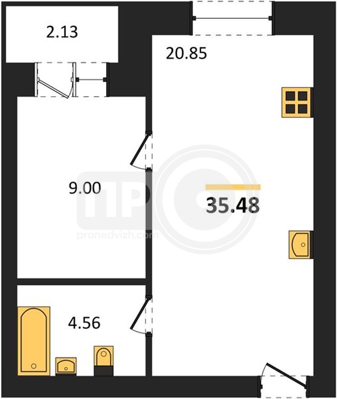 1-комнатная квартира, 35.48кв.м