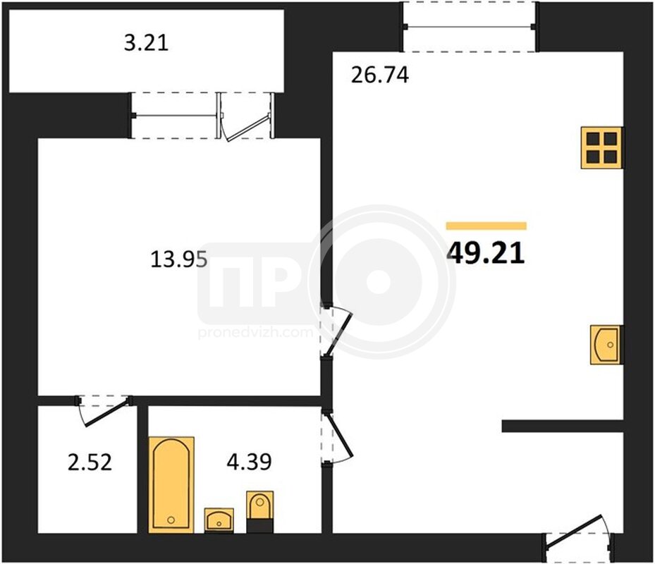 1-комнатная квартира, 49.21кв.м