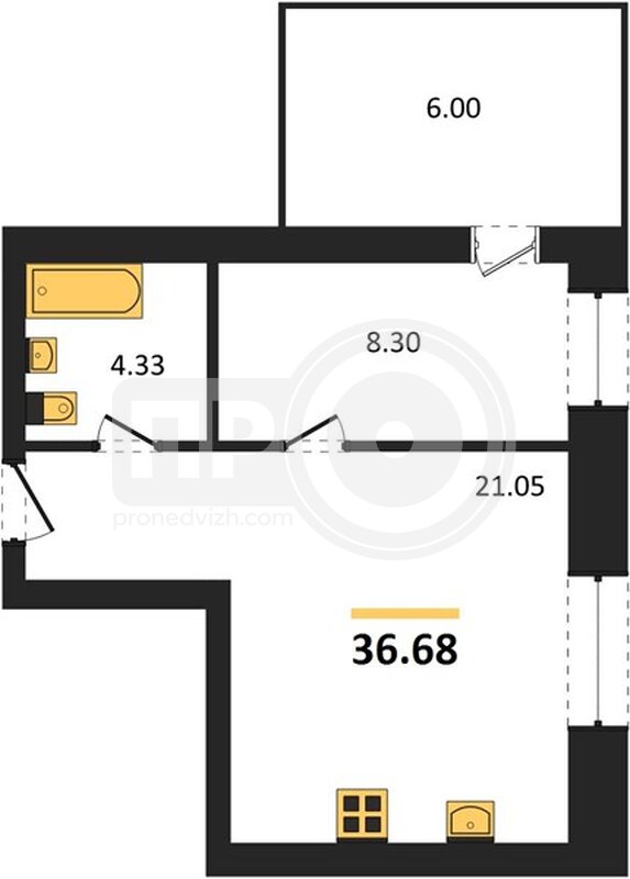 1-комнатная квартира, 36.68кв.м
