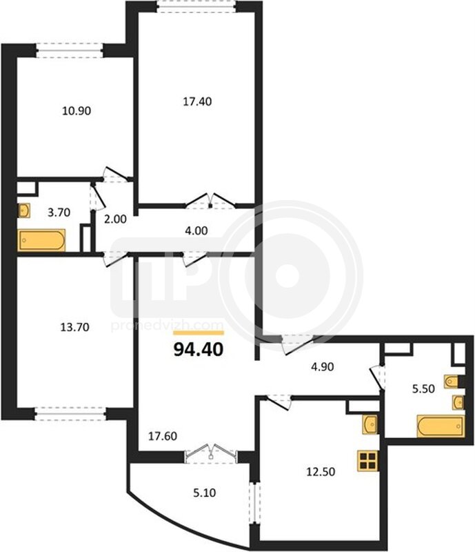 4-комнатная квартира, 94.4кв.м