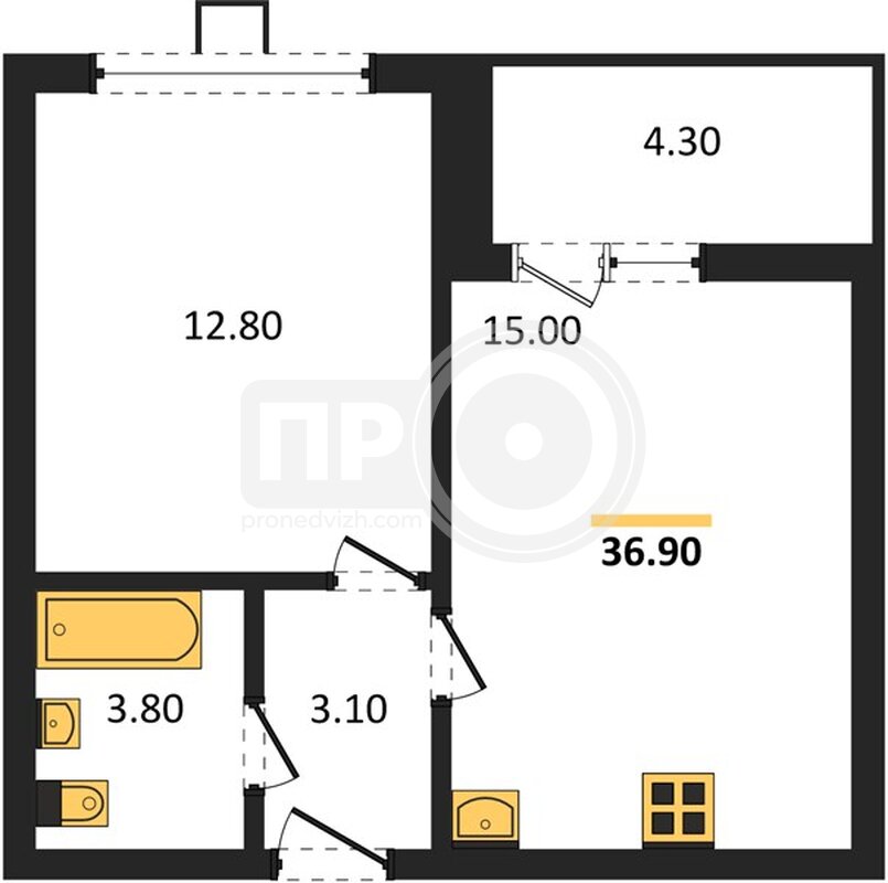 1-комнатная квартира, 36.9кв.м