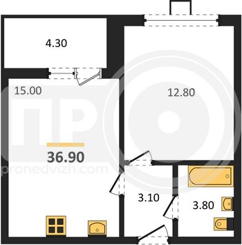Миниатюра 1-комнатная квартира, 36.9кв.м