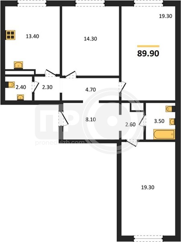 3-комнатная квартира, 89.9кв.м